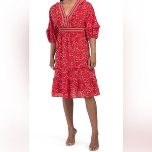 Max Studio red floral boho peasant dress v-neck with elastic waist and ruffles